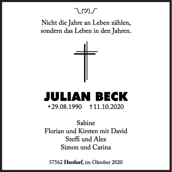 Traueranzeige von Julian Beck von Siegener Zeitung