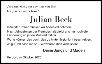 Traueranzeige von Julian Beck von Siegener Zeitung