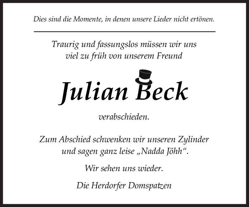  Traueranzeige für Julian Beck vom 15.10.2020 aus Siegener Zeitung