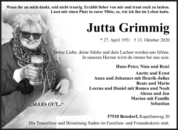 Traueranzeige von Jutta Grimmig von Siegener Zeitung