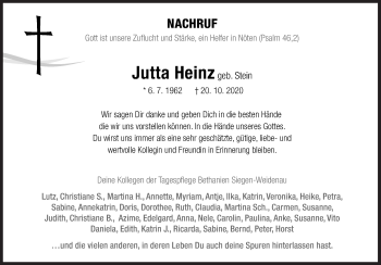 Traueranzeige von Jutta Heinz von Siegener Zeitung
