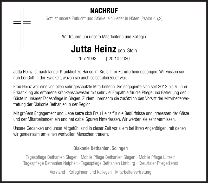  Traueranzeige für Jutta Heinz vom 31.10.2020 aus Siegener Zeitung