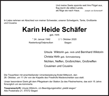 Traueranzeige von Karin Heide Schäfer von Siegener Zeitung