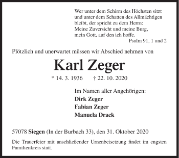 Traueranzeige von Karl Zeger von Siegener Zeitung