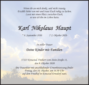 Traueranzeige von Karl Nikolaus Haupt von Siegener Zeitung