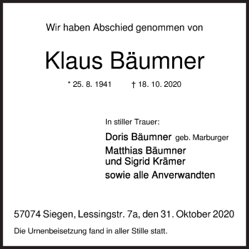 Traueranzeige von Klaus Bäumner von Siegener Zeitung