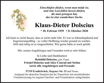 Traueranzeige von Klaus-Dieter Dolscius von Siegener Zeitung