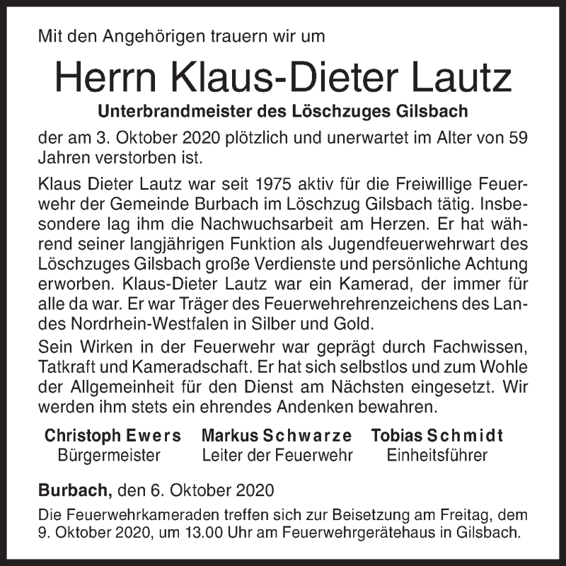  Traueranzeige für Klaus-Dieter Lautz vom 06.10.2020 aus Siegener Zeitung