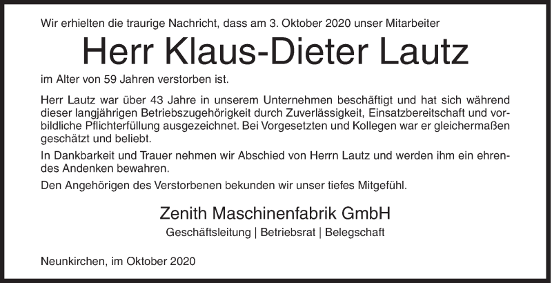  Traueranzeige für Klaus-Dieter Lautz vom 06.10.2020 aus Siegener Zeitung