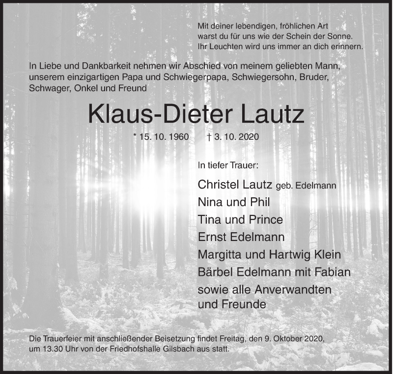  Traueranzeige für Klaus-Dieter Lautz vom 06.10.2020 aus Siegener Zeitung