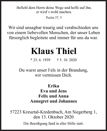 Traueranzeige von Klaus Thiel von Siegener Zeitung