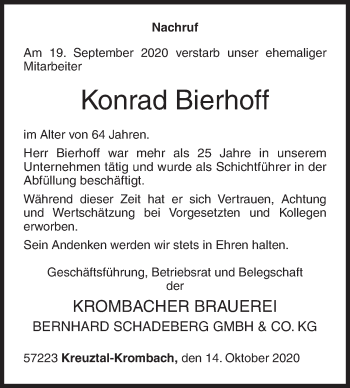 Traueranzeige von Konrad Bierhoff von Siegener Zeitung