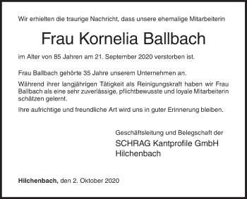 Traueranzeige von Kornelia Ballbach von Siegener Zeitung