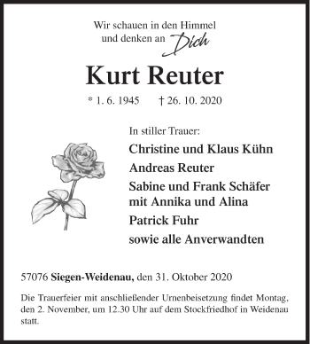 Traueranzeige von Kurt Reuter von Siegener Zeitung
