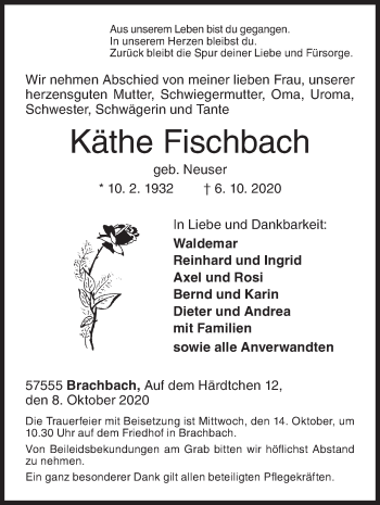 Traueranzeige von Käthe Fischbach von Siegener Zeitung