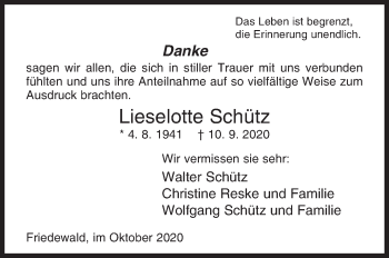 Traueranzeige von Lieselotte Schütz von Siegener Zeitung