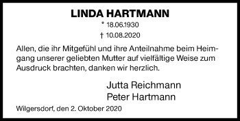 Traueranzeige von Linda Hartmann von Siegener Zeitung