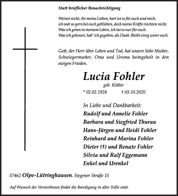 Traueranzeige von Lucia Fohler von Siegener Zeitung