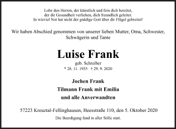 Traueranzeige von Luise Frank von Siegener Zeitung
