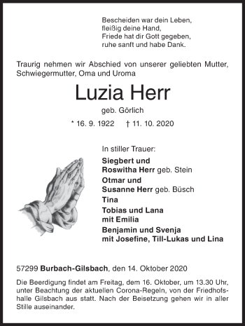 Traueranzeige von Luzia Herr von Siegener Zeitung