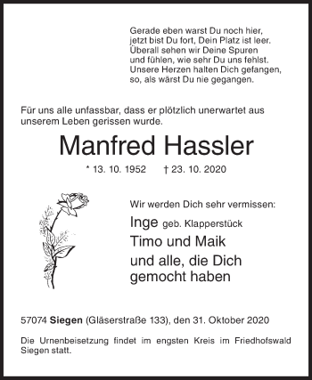 Traueranzeige von Manfred Hassler von Siegener Zeitung