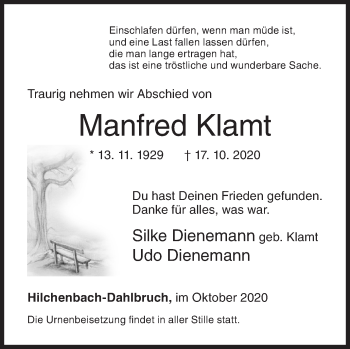 Traueranzeige von Manfred Klamt von Siegener Zeitung