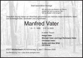 Traueranzeige von Manfred Vater von Siegener Zeitung