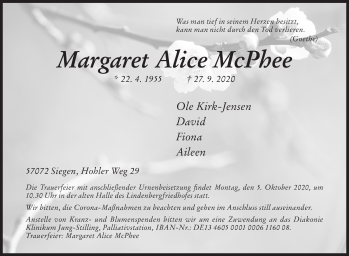 Traueranzeige von Margaret Alice McPhee von Siegener Zeitung