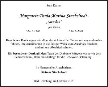 Traueranzeige von Margarete Paula Martha Stachelrodt von Siegener Zeitung