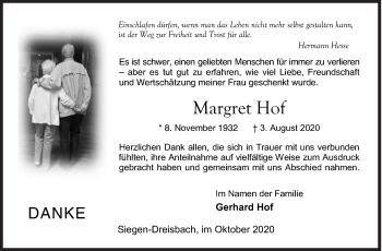 Traueranzeige von Margret Hof von Siegener Zeitung