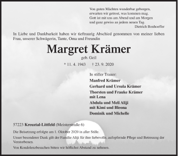 Traueranzeige von Margret Krämer von Siegener Zeitung