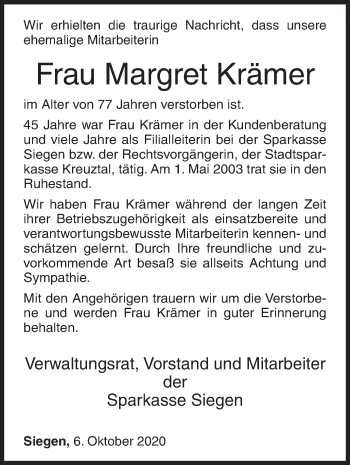 Traueranzeige von Margret Krämer von Siegener Zeitung
