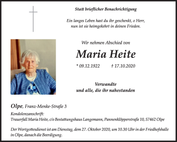 Traueranzeige von Maria Heite von Siegener Zeitung