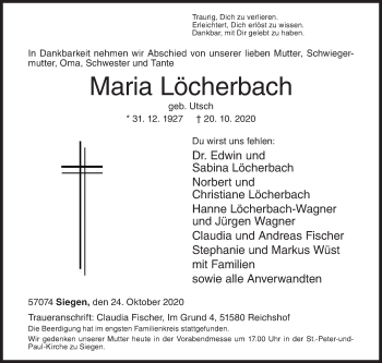 Traueranzeige von Maria Löcherbach von Siegener Zeitung