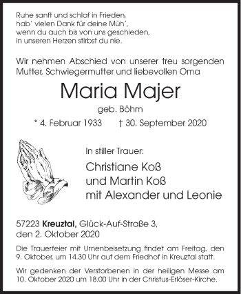 Traueranzeige von Maria Majer von Siegener Zeitung