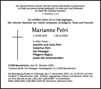 Traueranzeige von Marianne Petri von Siegener Zeitung