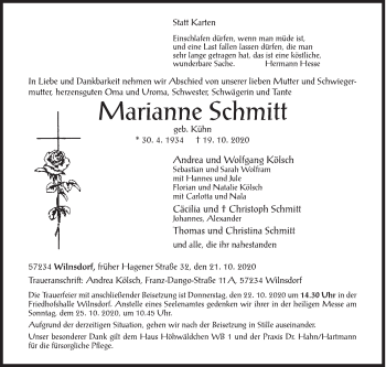 Traueranzeige von Marianne Schmitt von Siegener Zeitung