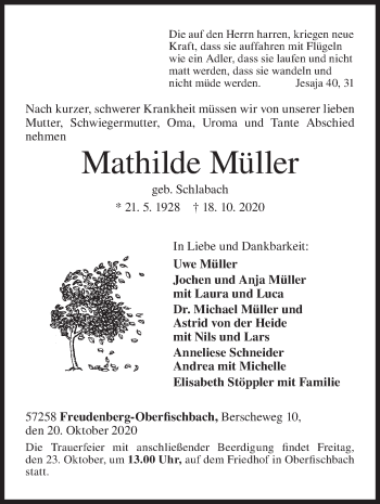 Traueranzeige von Mathilde Müller von Siegener Zeitung