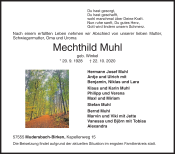 Traueranzeige von Mechthild Muhl von Siegener Zeitung