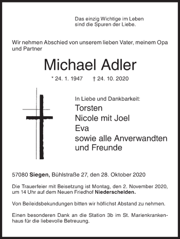 Traueranzeige von Michael Adler von Siegener Zeitung
