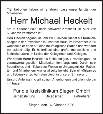 Traueranzeige von Michael Heckelt von Siegener Zeitung