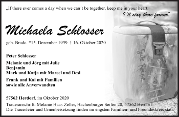 Traueranzeige von Michaela Schlosser von Siegener Zeitung
