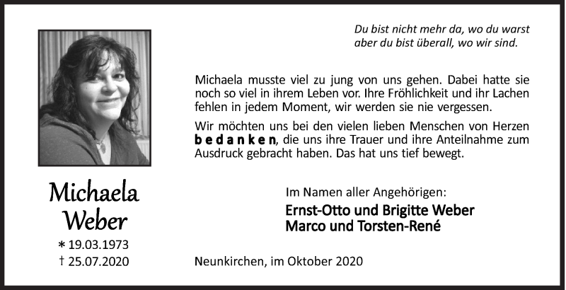  Traueranzeige für Michaela Weber vom 07.10.2020 aus Siegener Zeitung