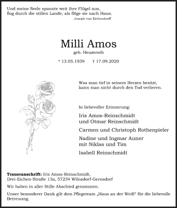 Traueranzeige von Milli Amos von Siegener Zeitung
