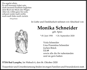 Traueranzeige von Monika Schneider von Siegener Zeitung