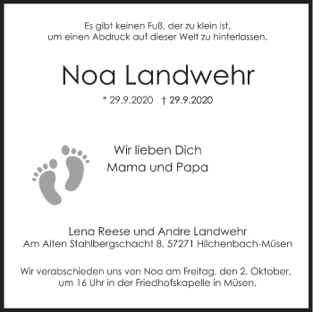 Traueranzeige von Noa Landwehr von Siegener Zeitung