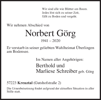 Traueranzeige von Norbert Görg von Siegener Zeitung