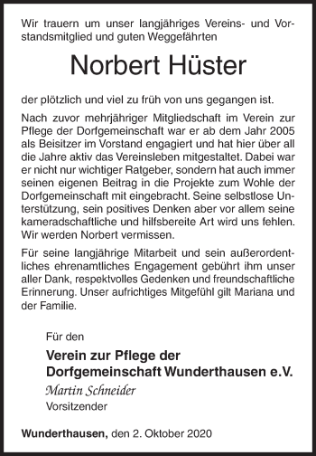 Traueranzeige von Norbert Hüster von Siegener Zeitung