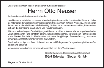 Traueranzeige von Otto Neuser von Siegener Zeitung