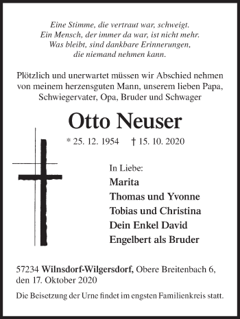 Traueranzeige von Otto Neuser von Siegener Zeitung